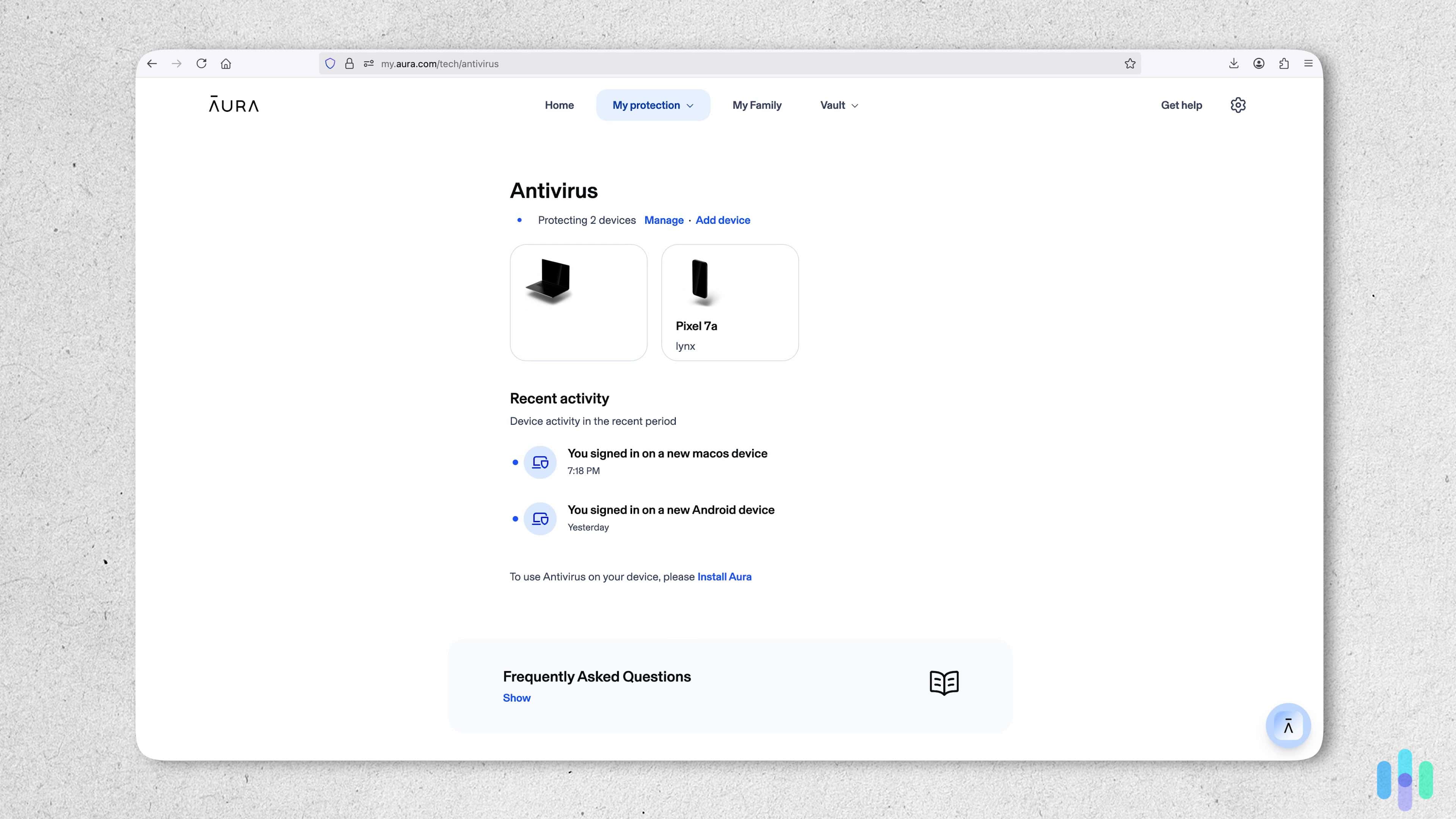 Aura Antivirus overview (1) Aura’s antivirus is accessible from its online dashboard and mobile app, so checking our activity was only a click away.