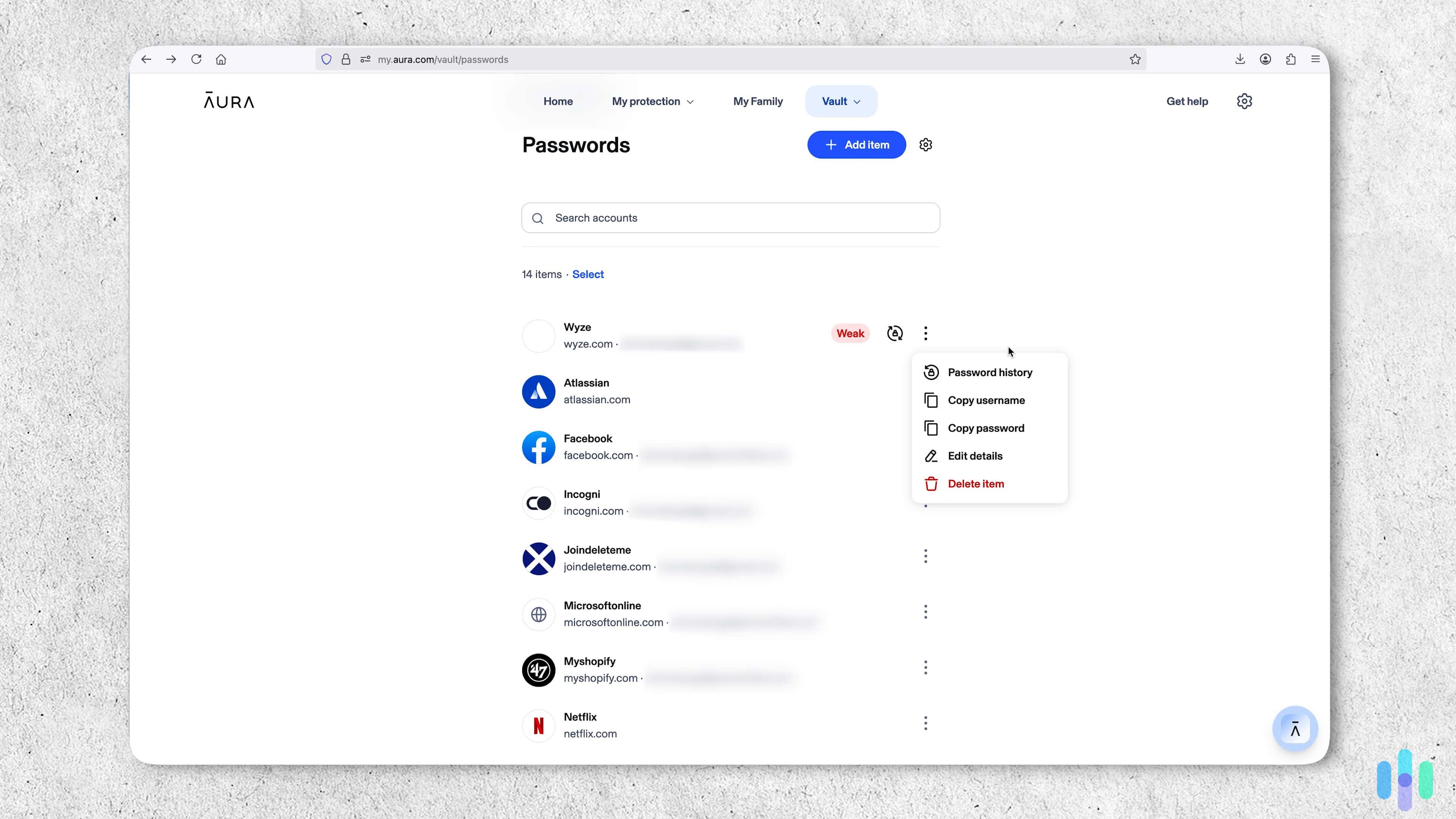 Aura password manager Aura’s minimal online dashboard made searching for our passwords easy.