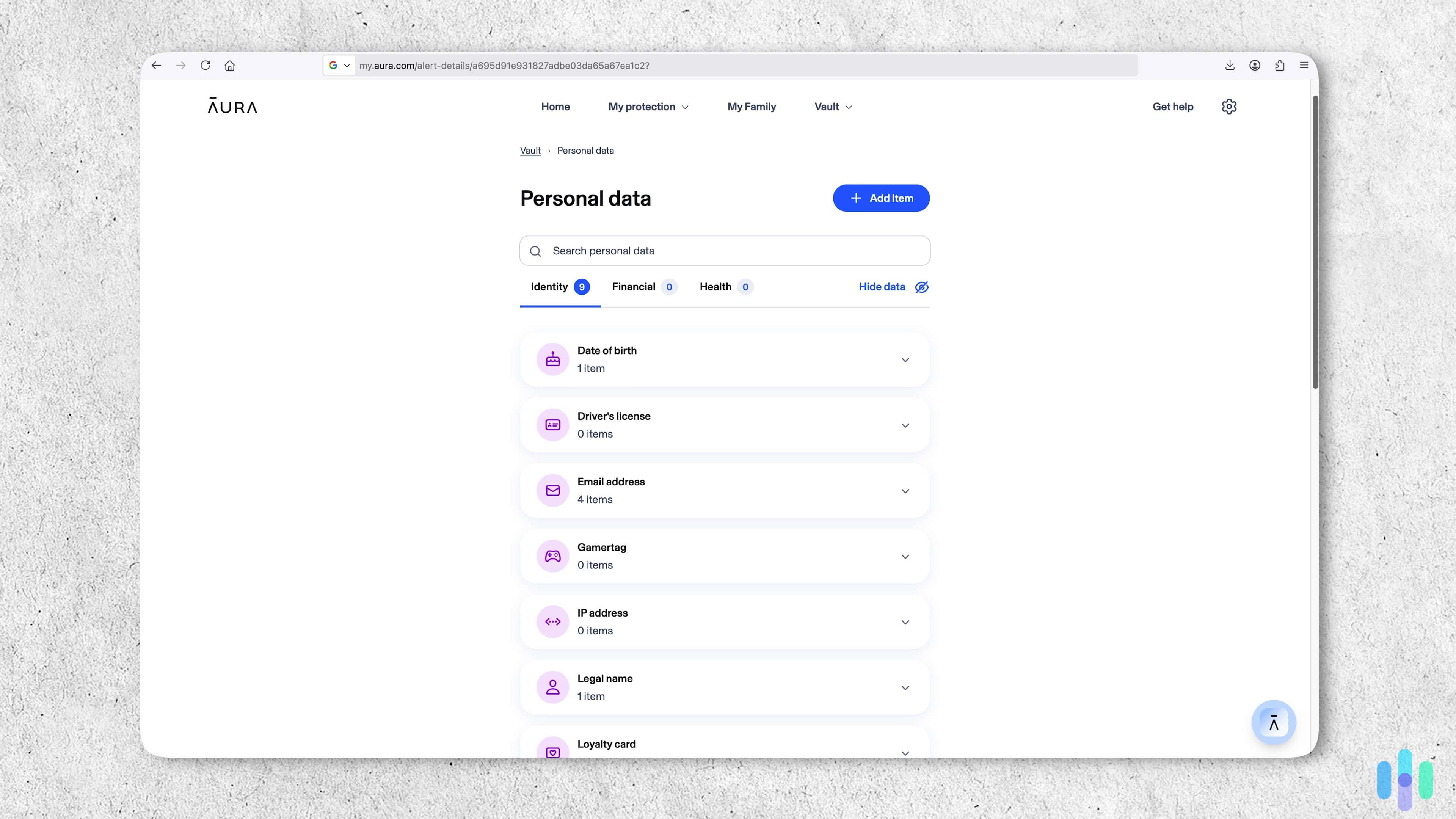 Aura vault Aura also stores driver’s license, email addresses, IP address, gaming tags, and loyalty cards in the data vault.