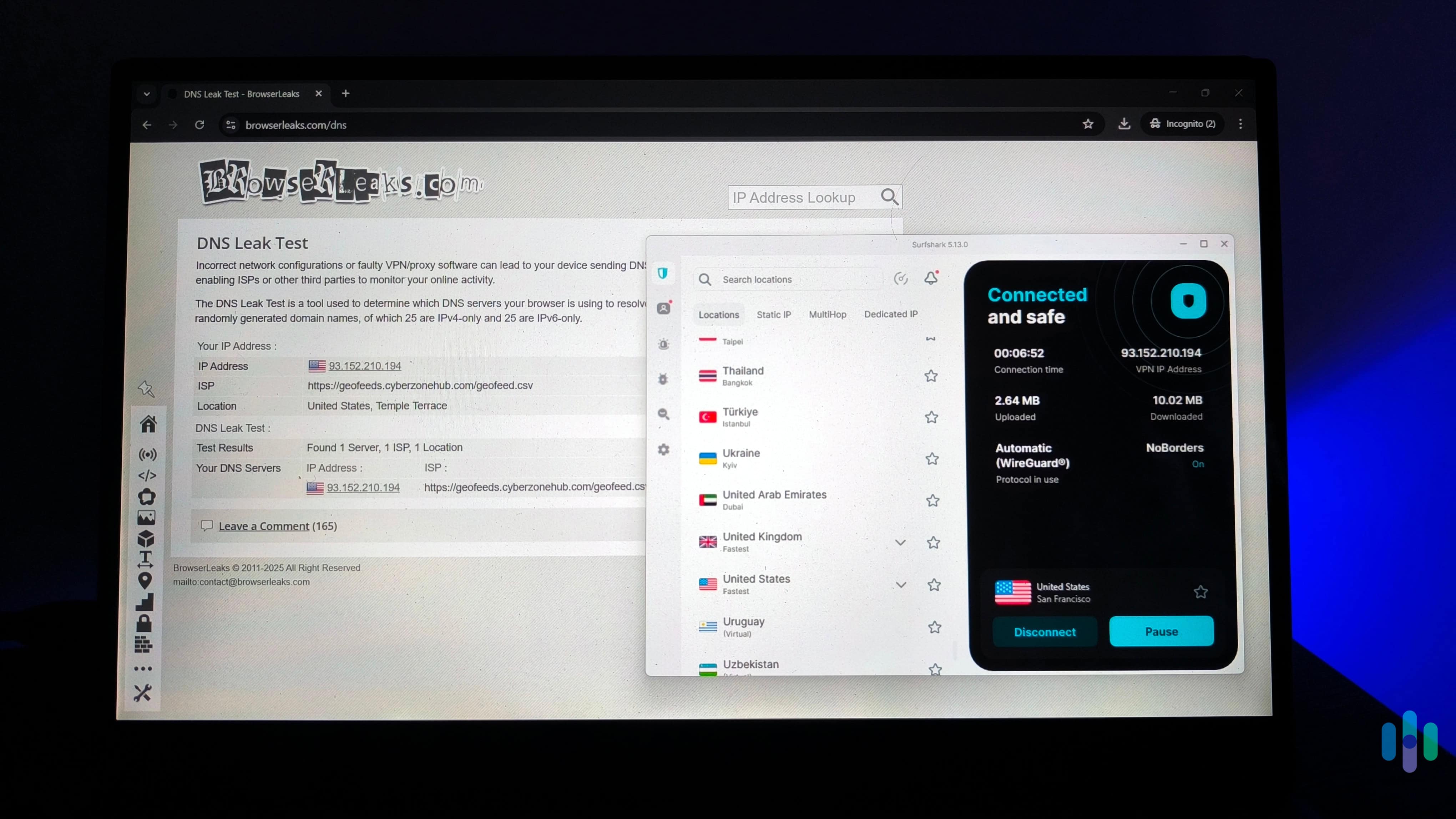 Every time we reconnected to one of Surfshark_s US servers and ran a leak test, we saw a different VPN IP address. Every time we reconnected to one of Surfshark's U.S. servers and ran a leak test, we saw a different VPN IP address.