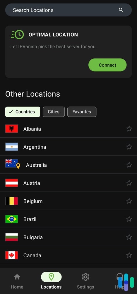 IPVanish's location browser on the mobile app IPVanish's location browser on the mobile app