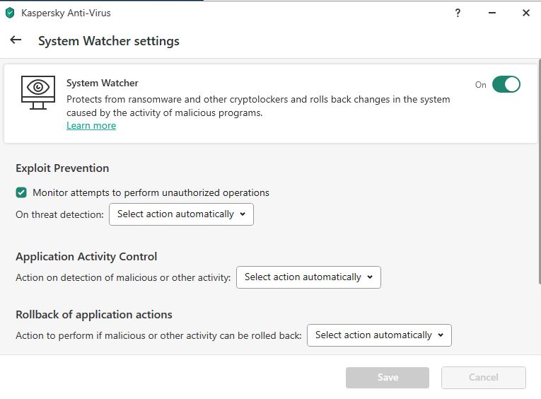 Kaspersky Antivirus System Watcher Settings Kaspersky Antivirus System Watcher Settings