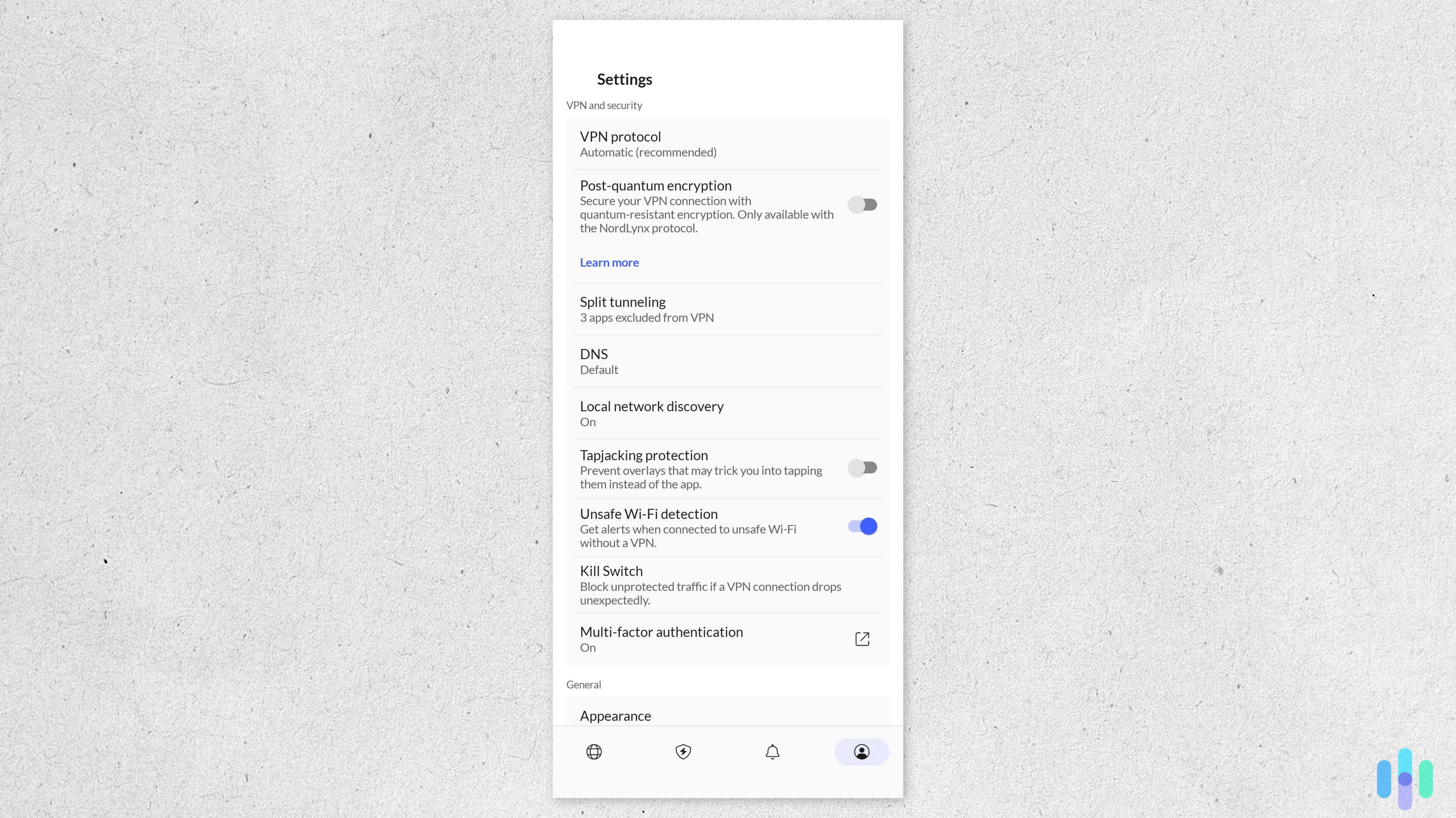 NordVPN Android settings We used NordVPN’s unsafe Wi-Fi detector to avoid accidentally connecting to a public Wi-Fi without our VPN on.