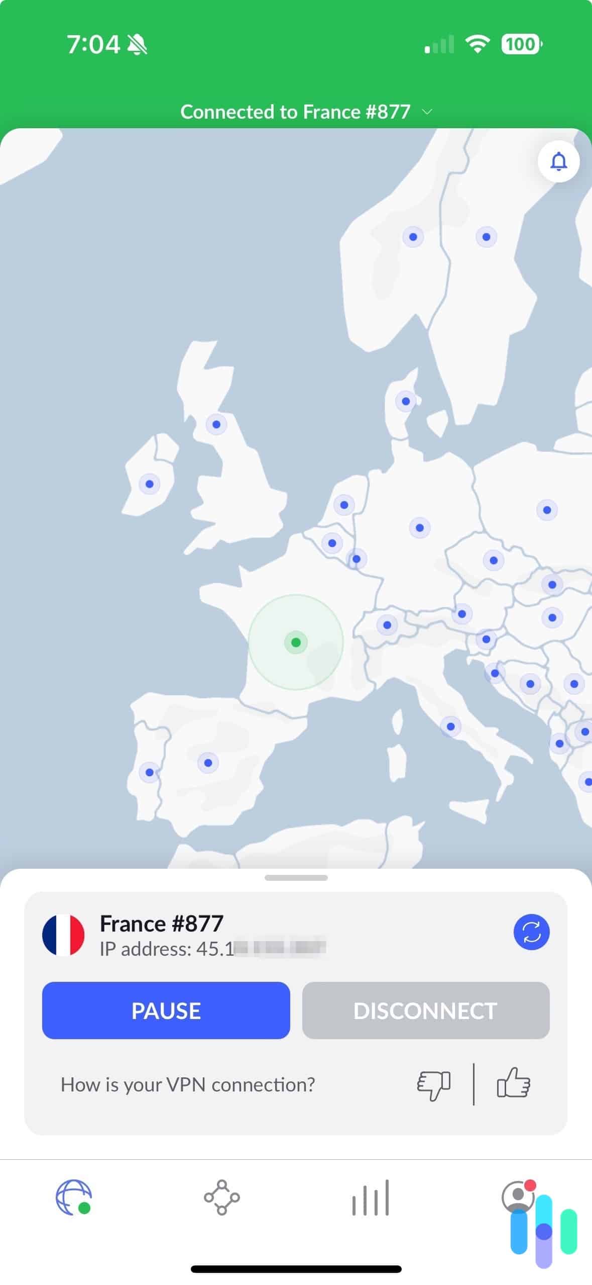 NordVPN iOS app connected to France NordVPN iOS app connected to France