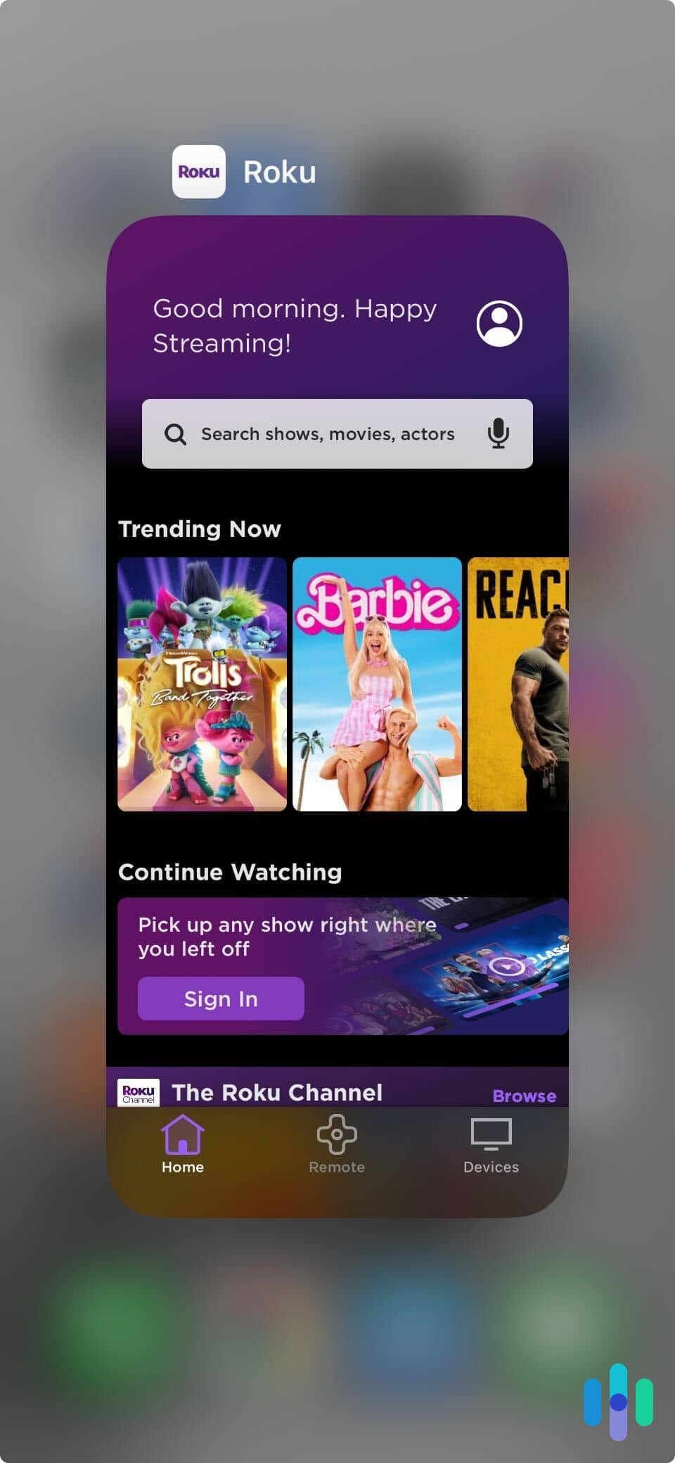 Swiping up on the Roku app Swiping up on the Roku app