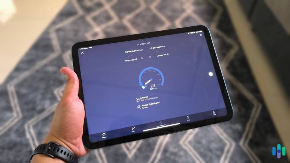 Running a TotalAV VPN speed test on our iPad. Running a TotalAV VPN speed test on our iPad.