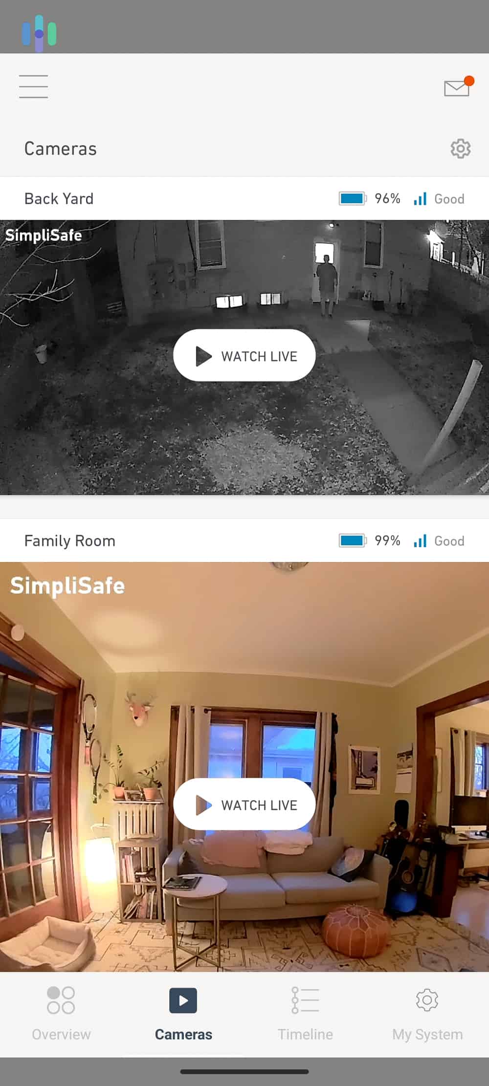Cameras on the SimpliSafe app Cameras on the SimpliSafe app