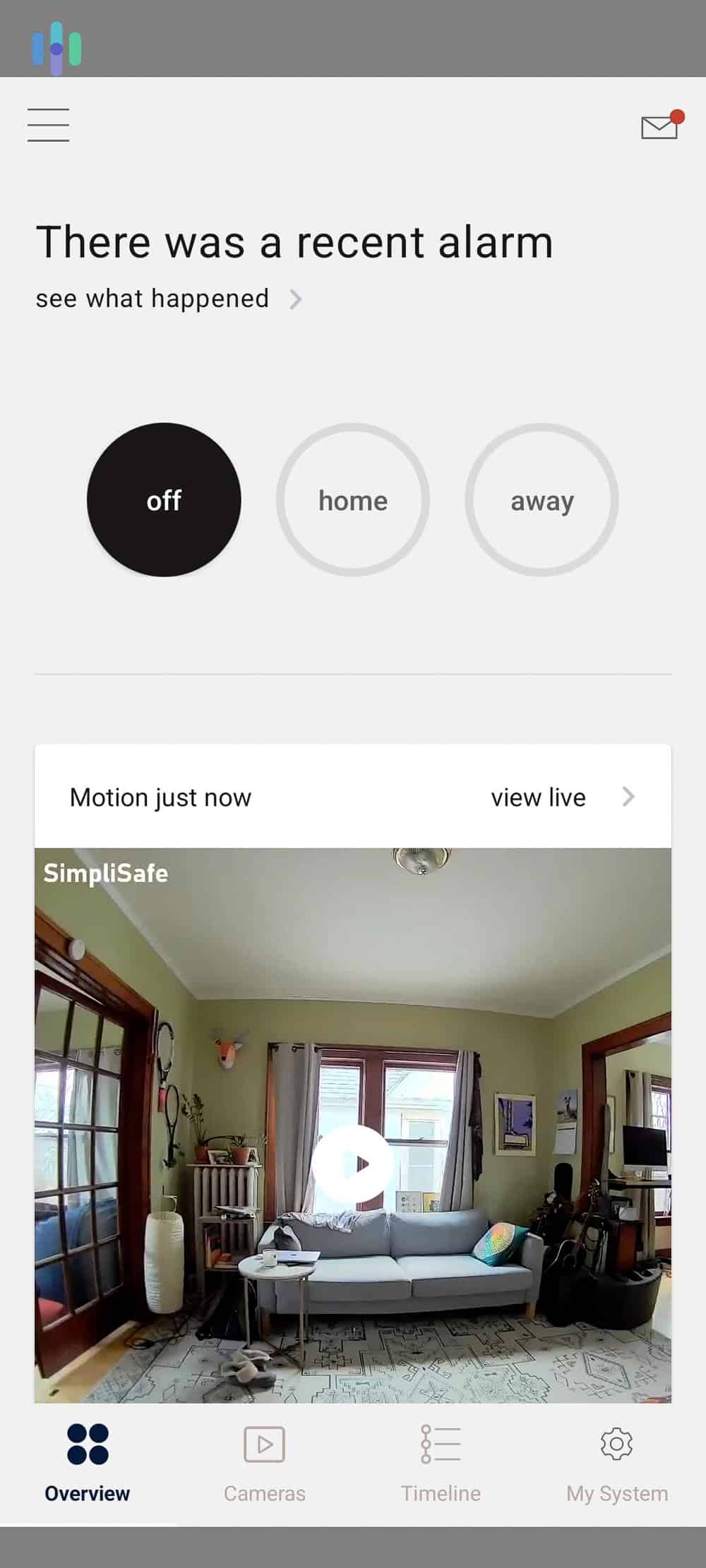 SimpliSafe app’s overview page SimpliSafe app's overview page