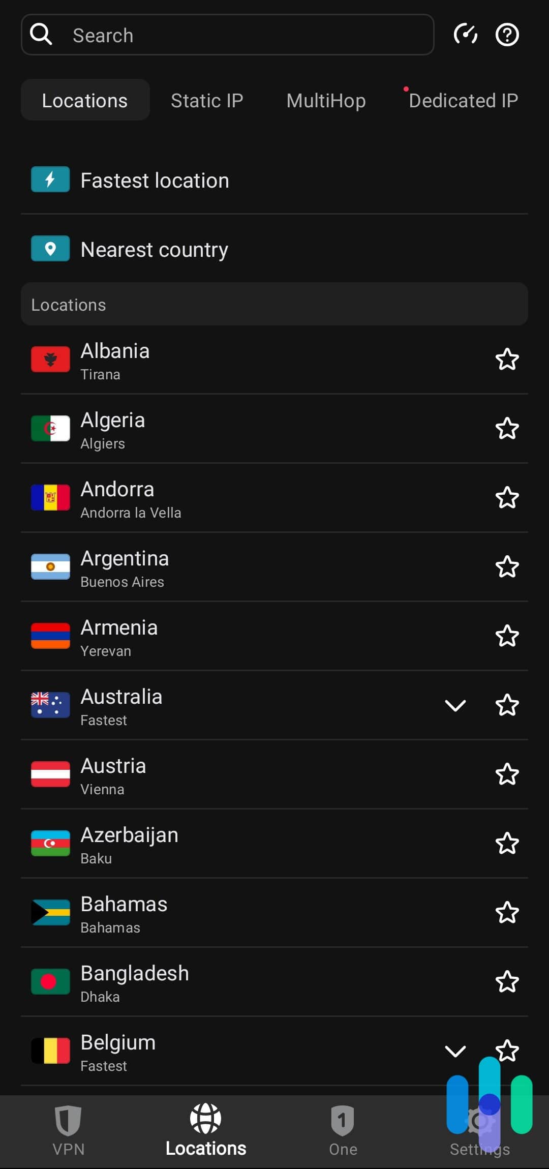 Surfshark server menu with Fastest and Nearest server options Surfshark server menu with Fastest and Nearest server options