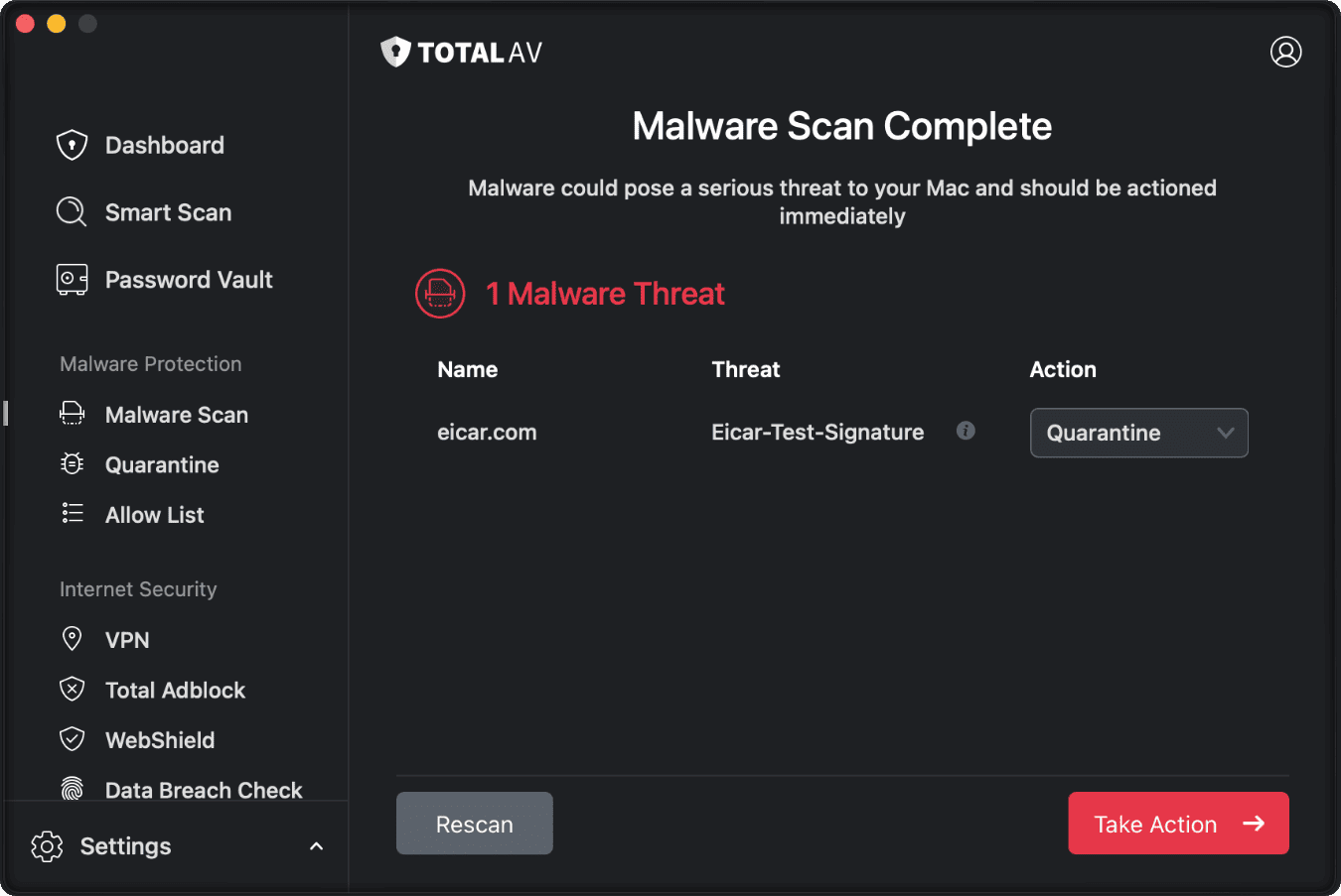 1_TotalAV nailing one of our test viruses and locking it in quarantine TotalAV nailing one of our test viruses, locking it in quarantine quickly.