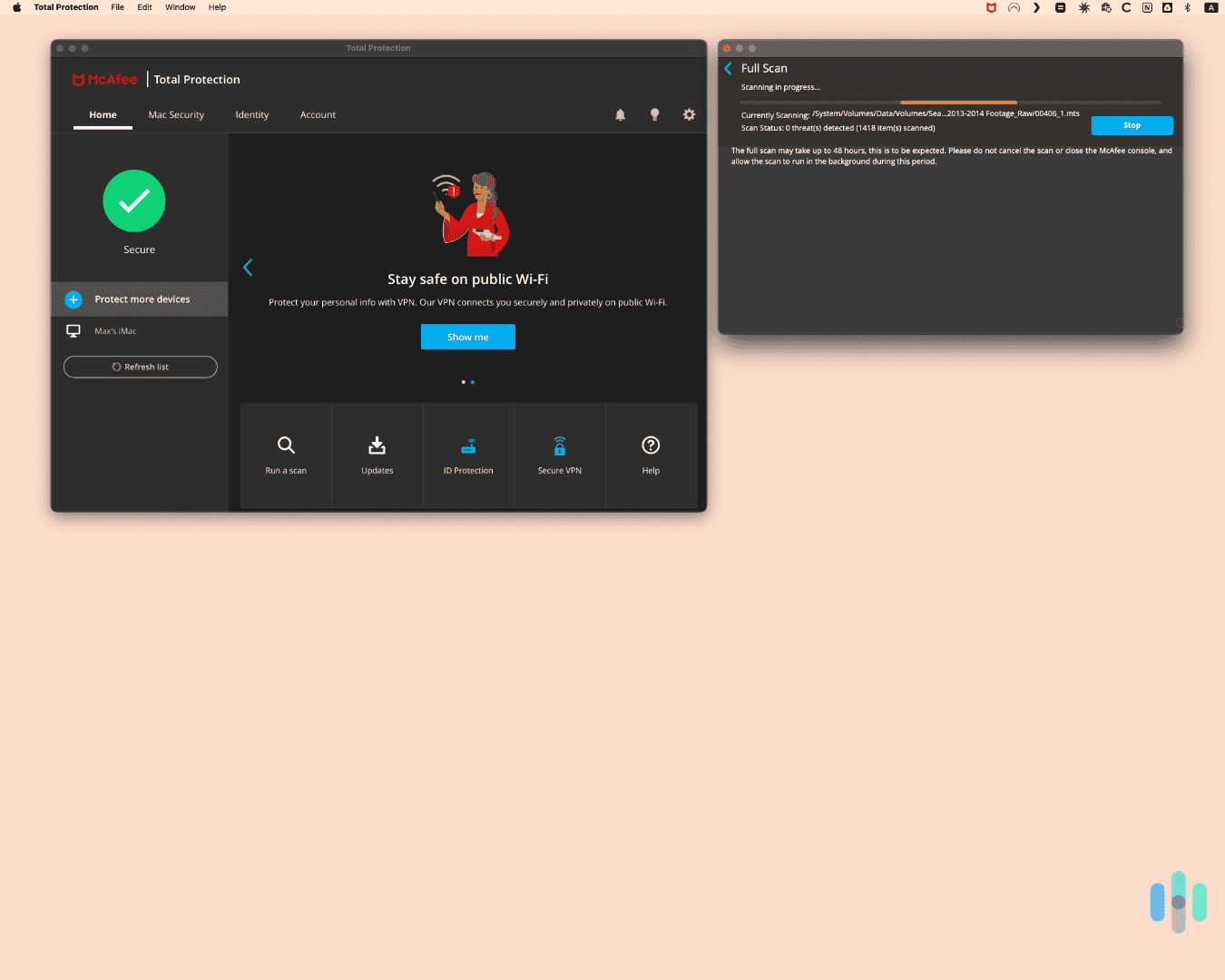 McAfee ran a deep system scan. McAfee ran a deep system scan.