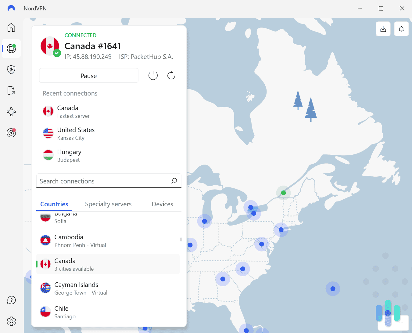 Connected to one of NordVPN’s Canadian servers. Connected to one of NordVPN's Canadian servers.