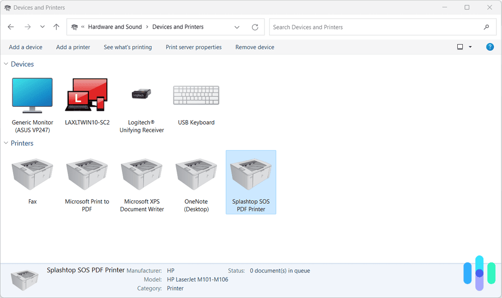 Devices and Printers page on Windows Devices and Printers page on Windows