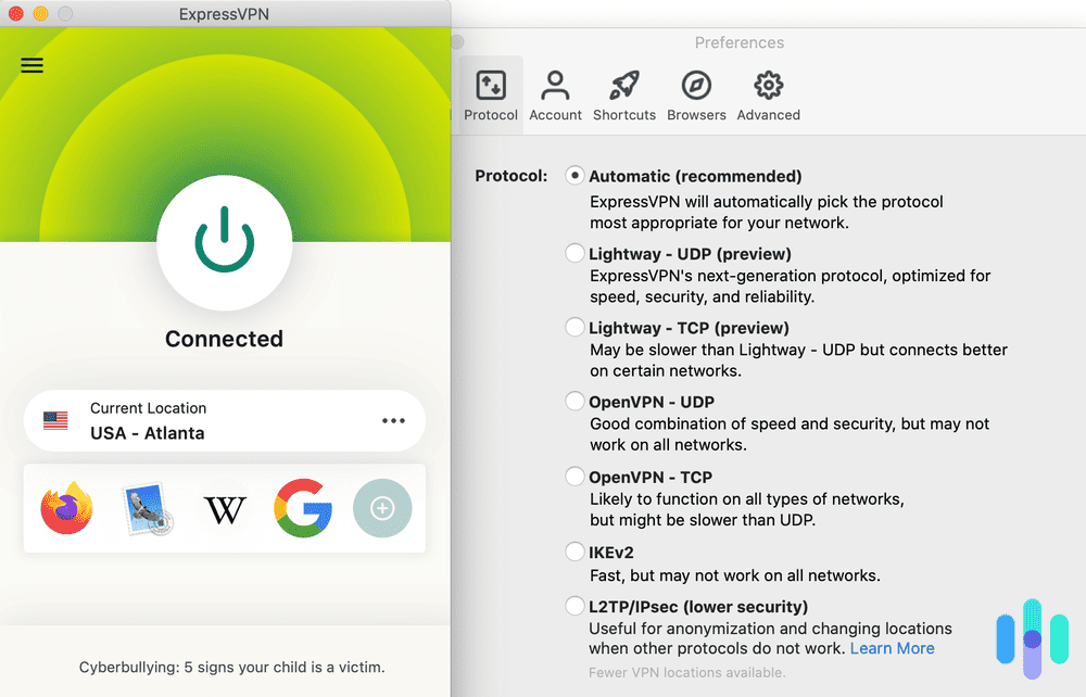 ExpressVPN’s protocol options ExpressVPN's protocol options