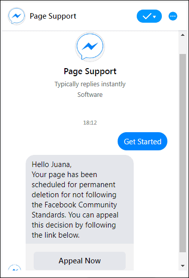 Facebook Messenger chat scam Page Support message Facebook Messenger chat scam Page Support message