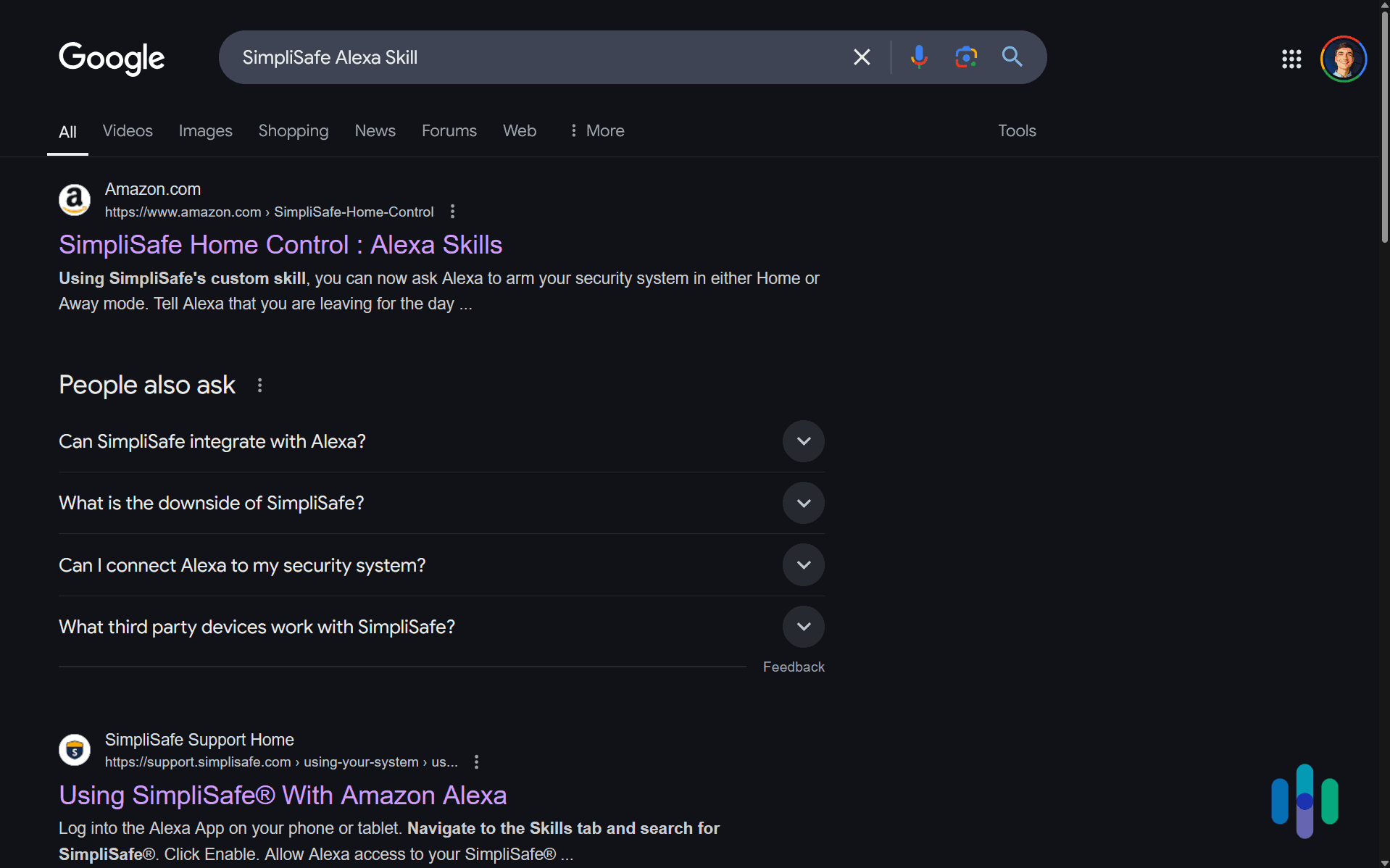 SimpliSafe’s Alexa Skill showed up as our top result when we searched Google for it. SimpliSafe’s Alexa Skill showed up as our top result when we searched Google for it.