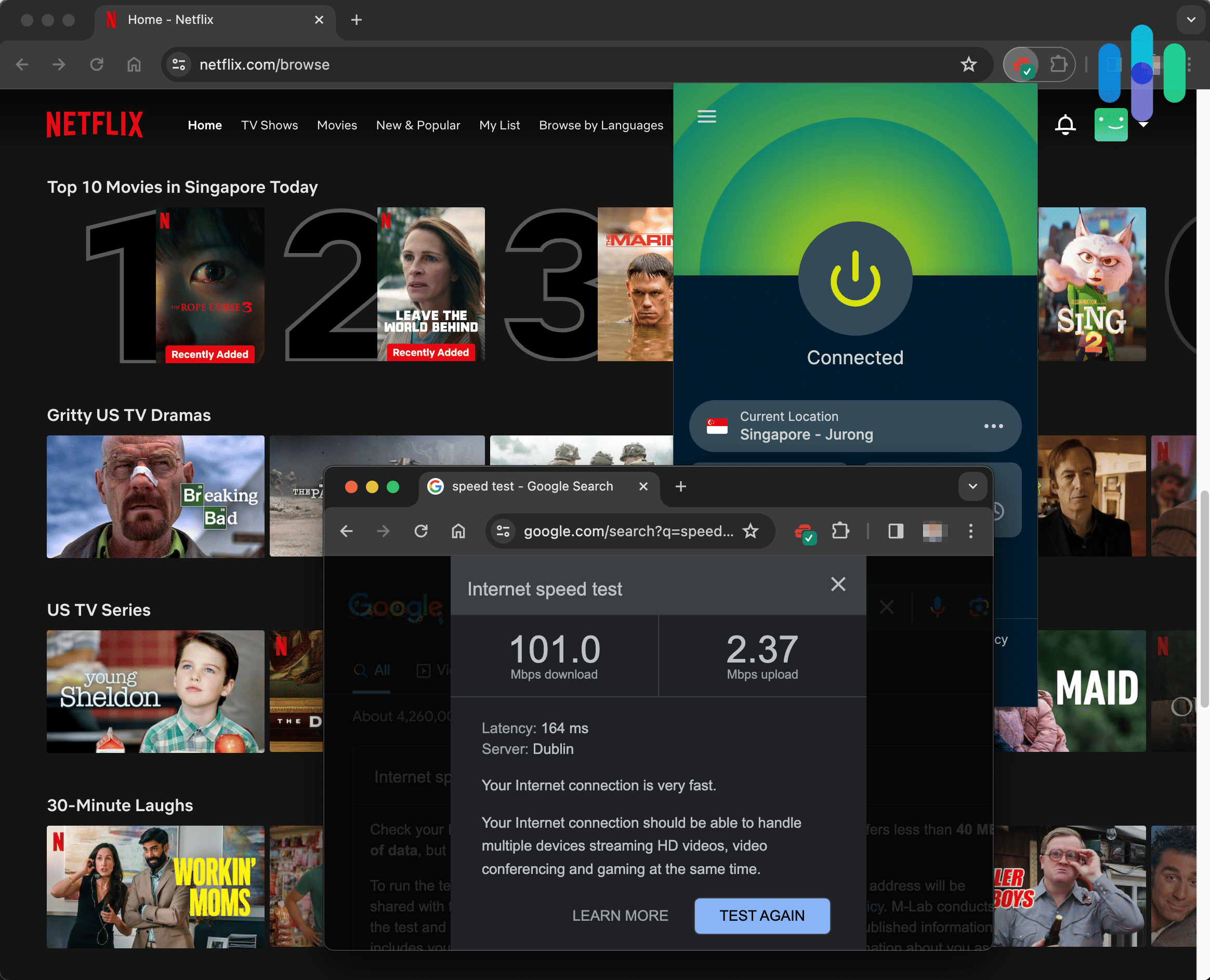 Internet speed test results while connected to ExpressVPN Internet speed test results while connected to ExpressVPN