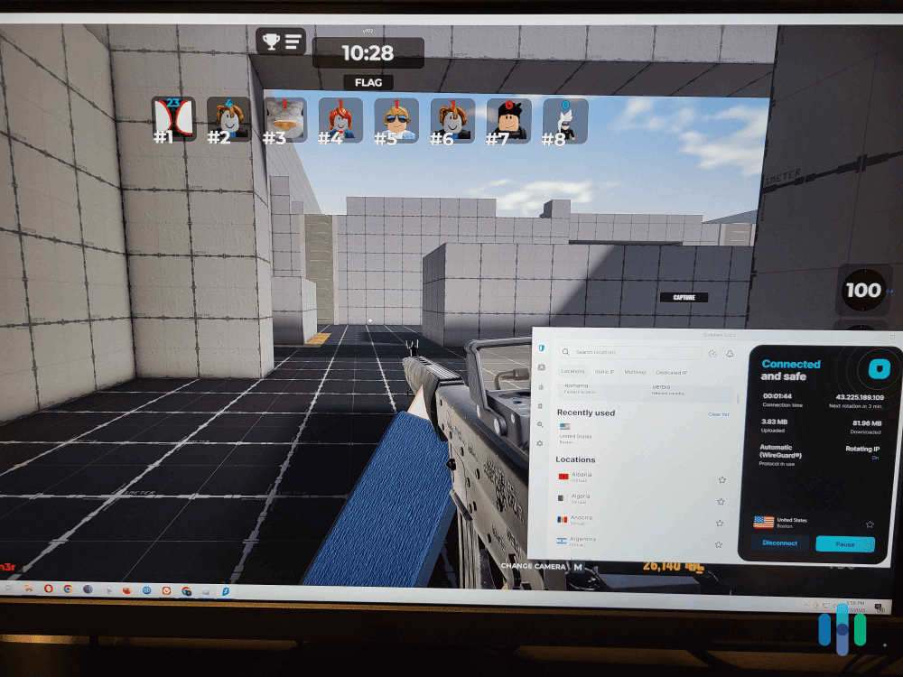 It took us less than ten seconds to connect to one of Surfshark_s servers, and start playing Gunfight Arena on Roblox. It took us less than ten seconds to connect to one of Surfshark's servers and start playing Gunfight Arena on Roblox.