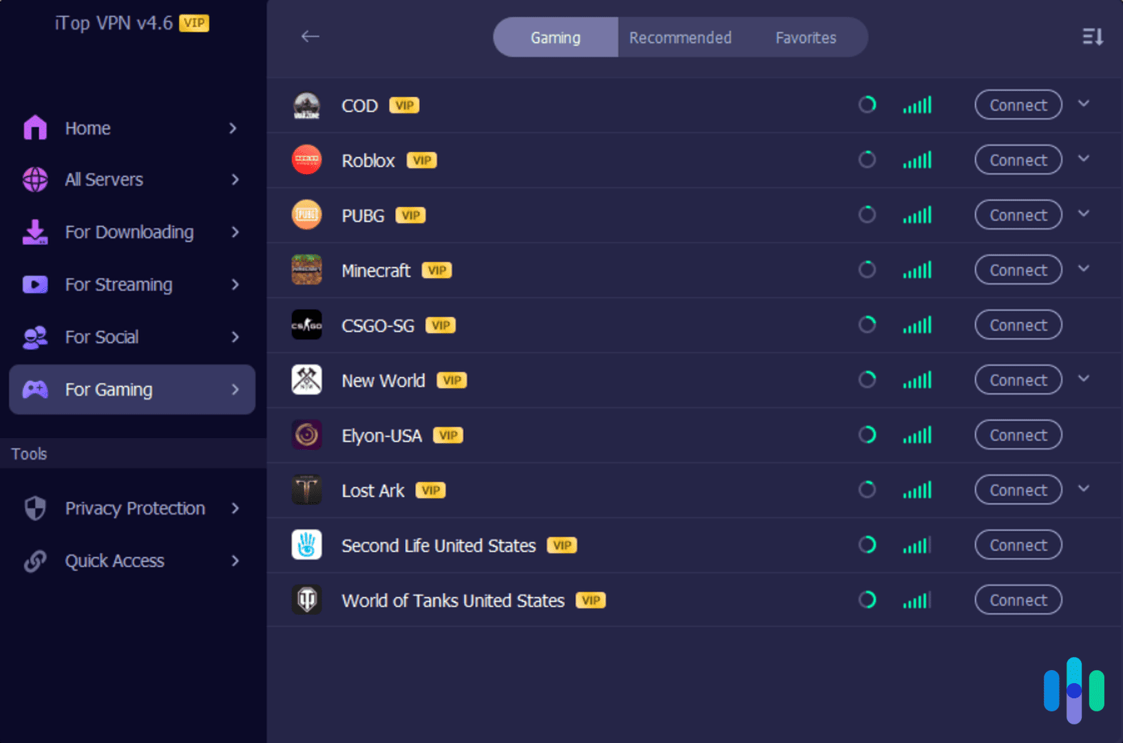 iTop VPN’s gaming-optimized servers include servers for “Minecraft,” “Call of Duty,” and “Roblox.” iTop VPN's gaming-optimized servers include servers for “Minecraft,” “Call of Duty,” and “Roblox.”