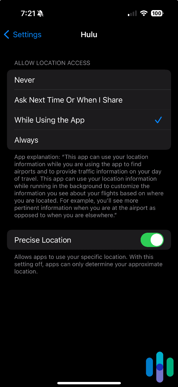 Location Access Settings for Hulu Location Access Settings for Hulu