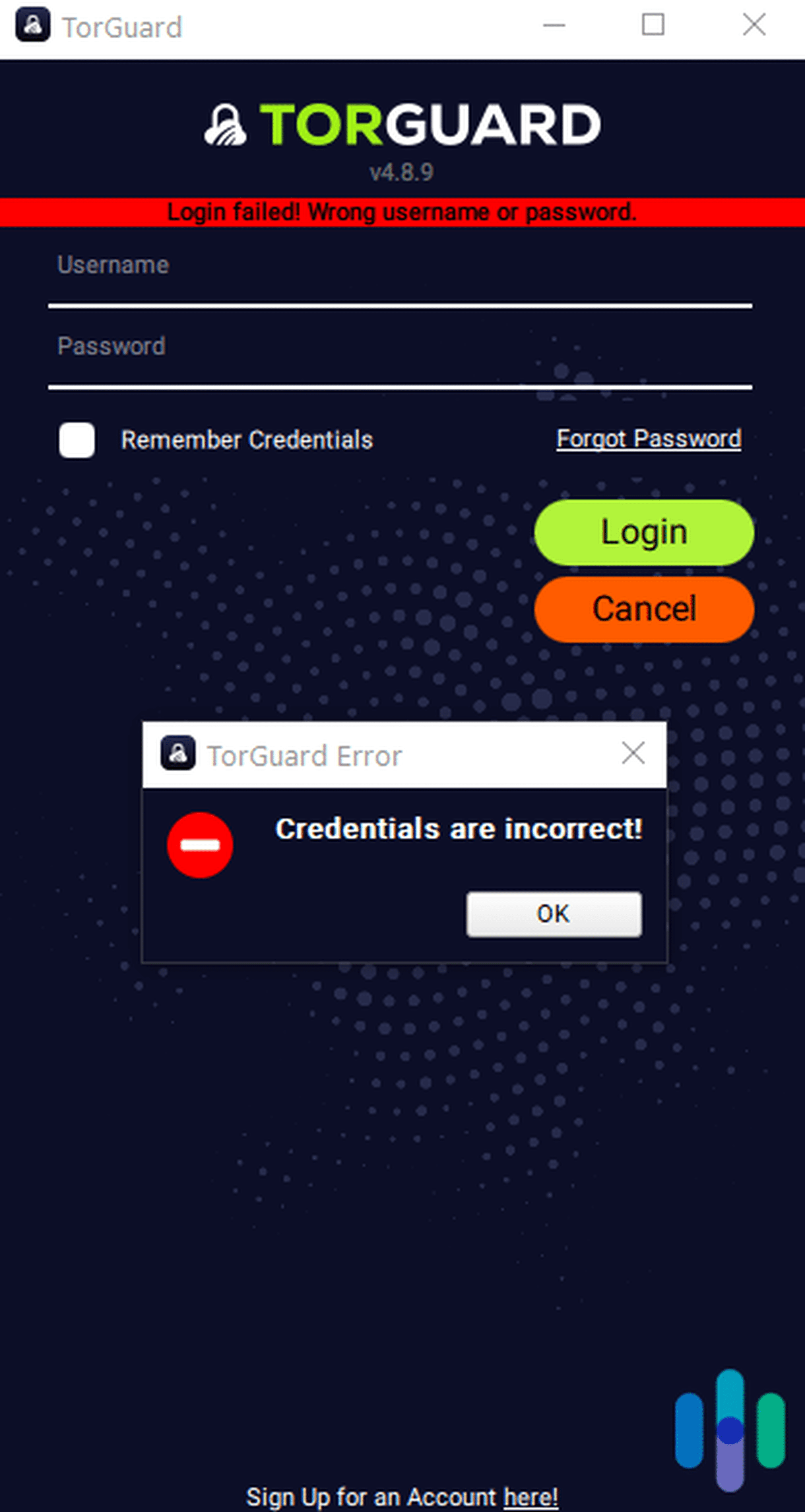 TorGuard Log in error first try Log in error first try