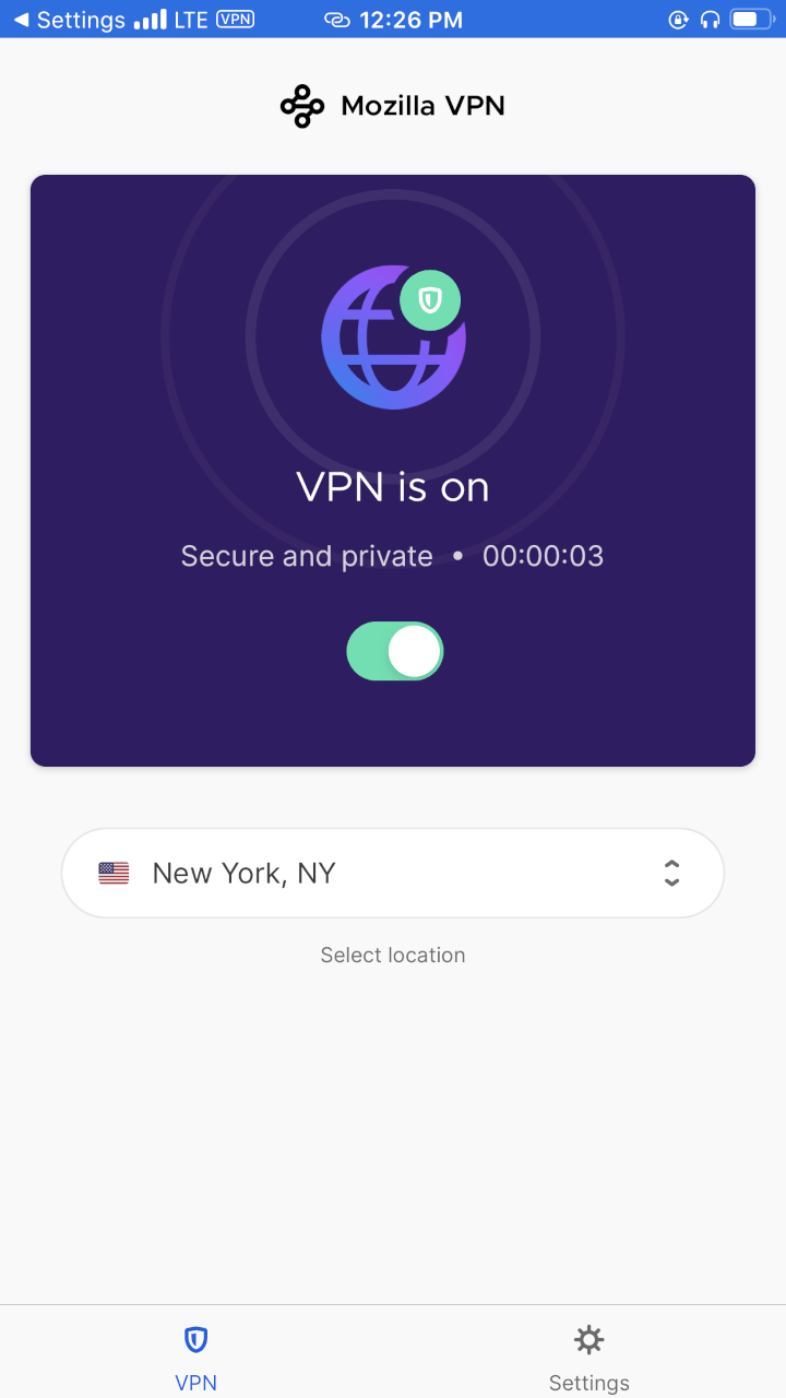 Mozilla VPN iOS App Connected Mozilla VPN iOS App Connected