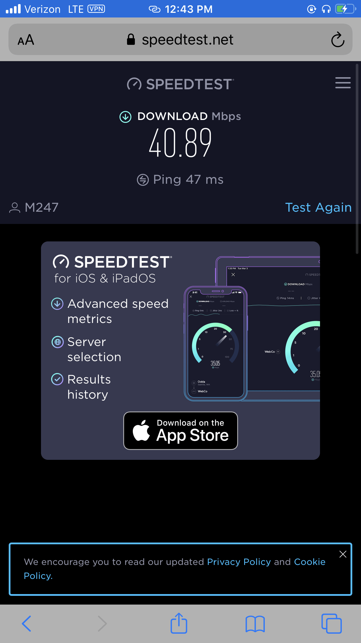 Mozilla VPN Speed Test on iOS with VPN - Connected Mozilla VPN Speed Test on iOS with VPN - Connected