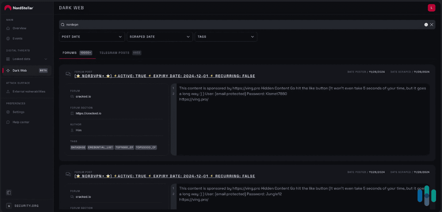 Searching “nordvpn” turned up dark web and Telegram channels offering cracked and potentially malicious NordVPN software. Searching “nordvpn” turned up dark web and Telegram channels offering cracked and potentially malicious NordVPN software.