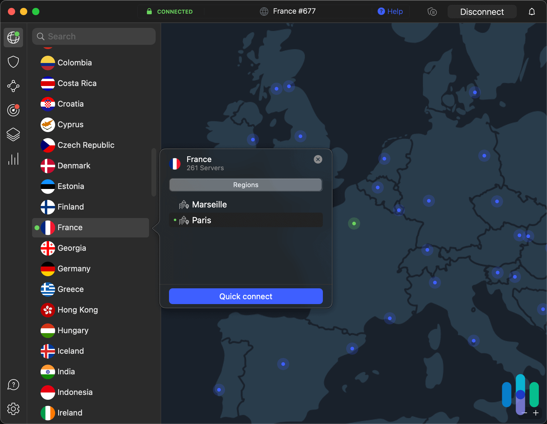 NordVPN desktop app connected to a Paris, France server NordVPN desktop app connected to a Paris, France server