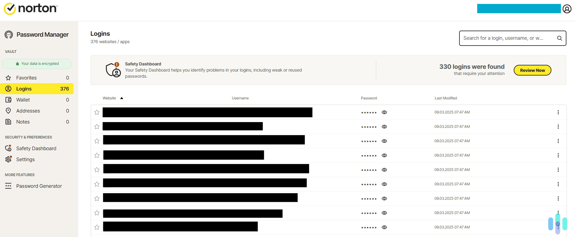 Norton’s simple but clean dashboard showing a list of all our 376 logins Norton’s simple but clean dashboard showing a list of all our 376 logins