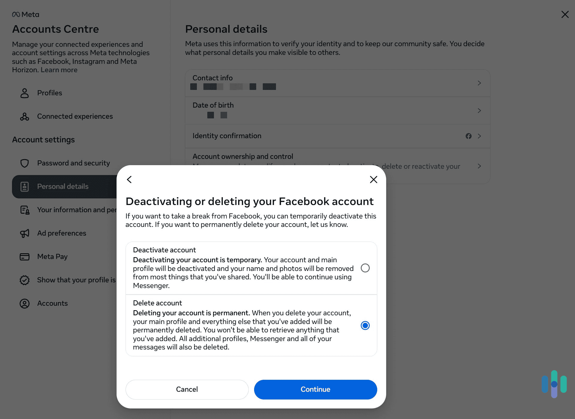 Select the option to delete your Facebook account, and then confirm your decision. Select the option to delete your Facebook account, and then confirm your decision.