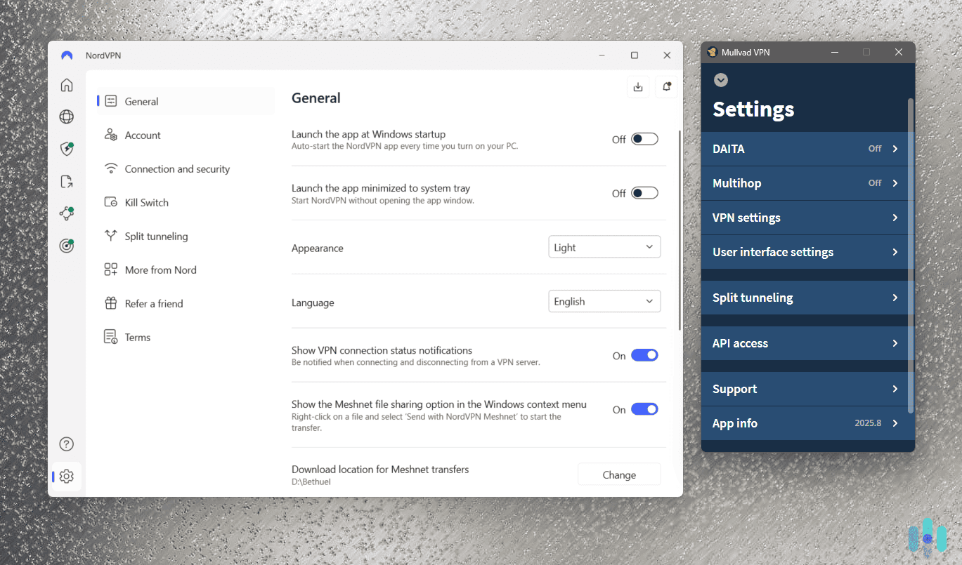 Side-by-side: NordVPN’s well-labeled settings menu vs. Mullvad’s simplistic and more utilitarian style Side-by-side: NordVPN’s well-labeled settings menu vs. Mullvad’s simplistic and more utilitarian style