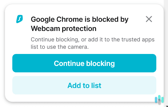 Surfshark Antivirus’ webcam protection works very well. Surfshark Antivirus' webcam protection works very well.