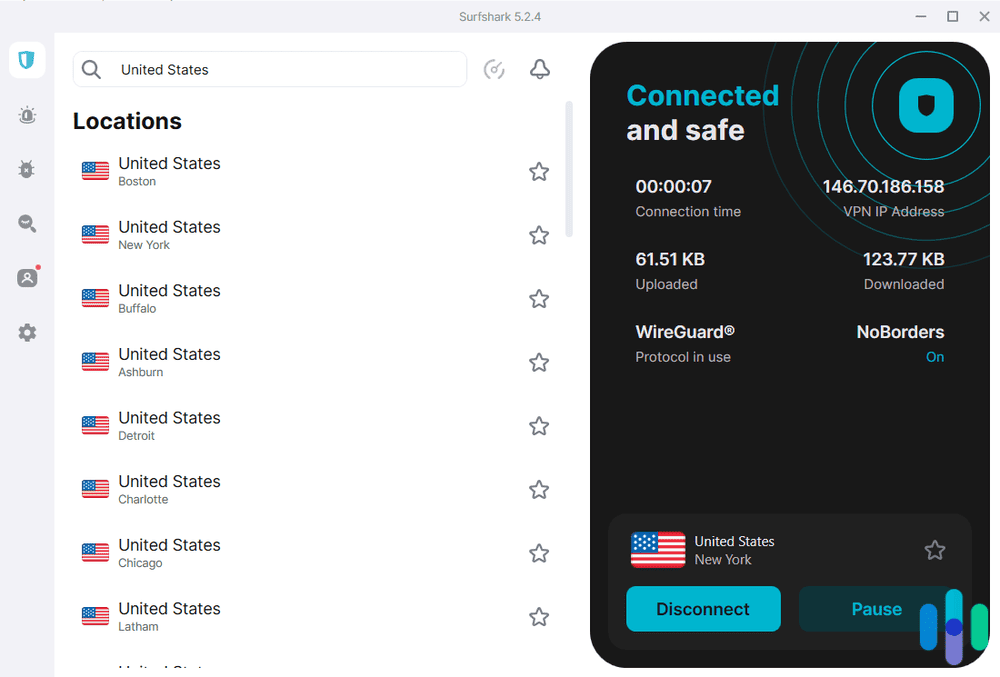 Surfshark connected to New York (our home state) Surfshark connected to New York (our home state)