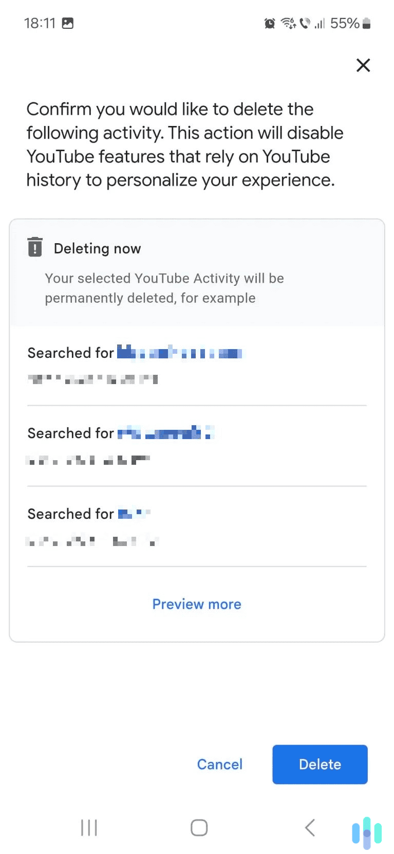 Tap the blue “Delete” button to confirm your deletion request. Tap the blue “Delete” button to confirm your deletion request.