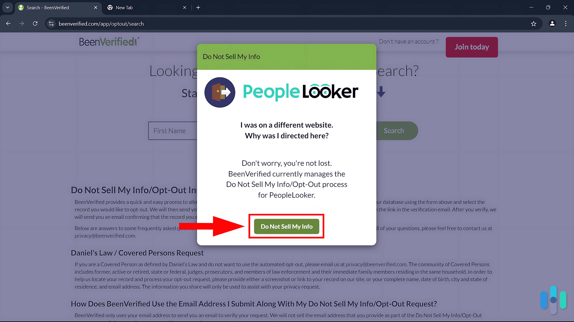 The opt-out page took us to BeenVerified’s website. The opt-out page took us to BeenVerified’s website.