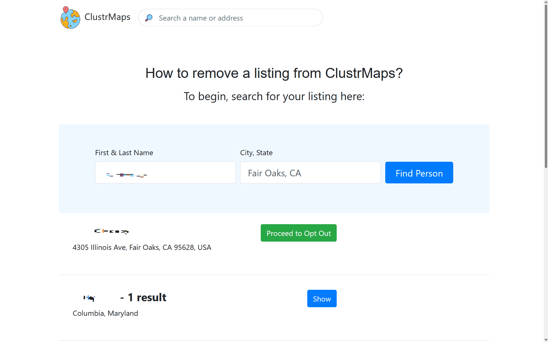 The “Show” button turned into a “Proceed to Opt Out” button when we clicked a profile. The “Show” button turned into a “Proceed to Opt Out” button when we clicked a profile.