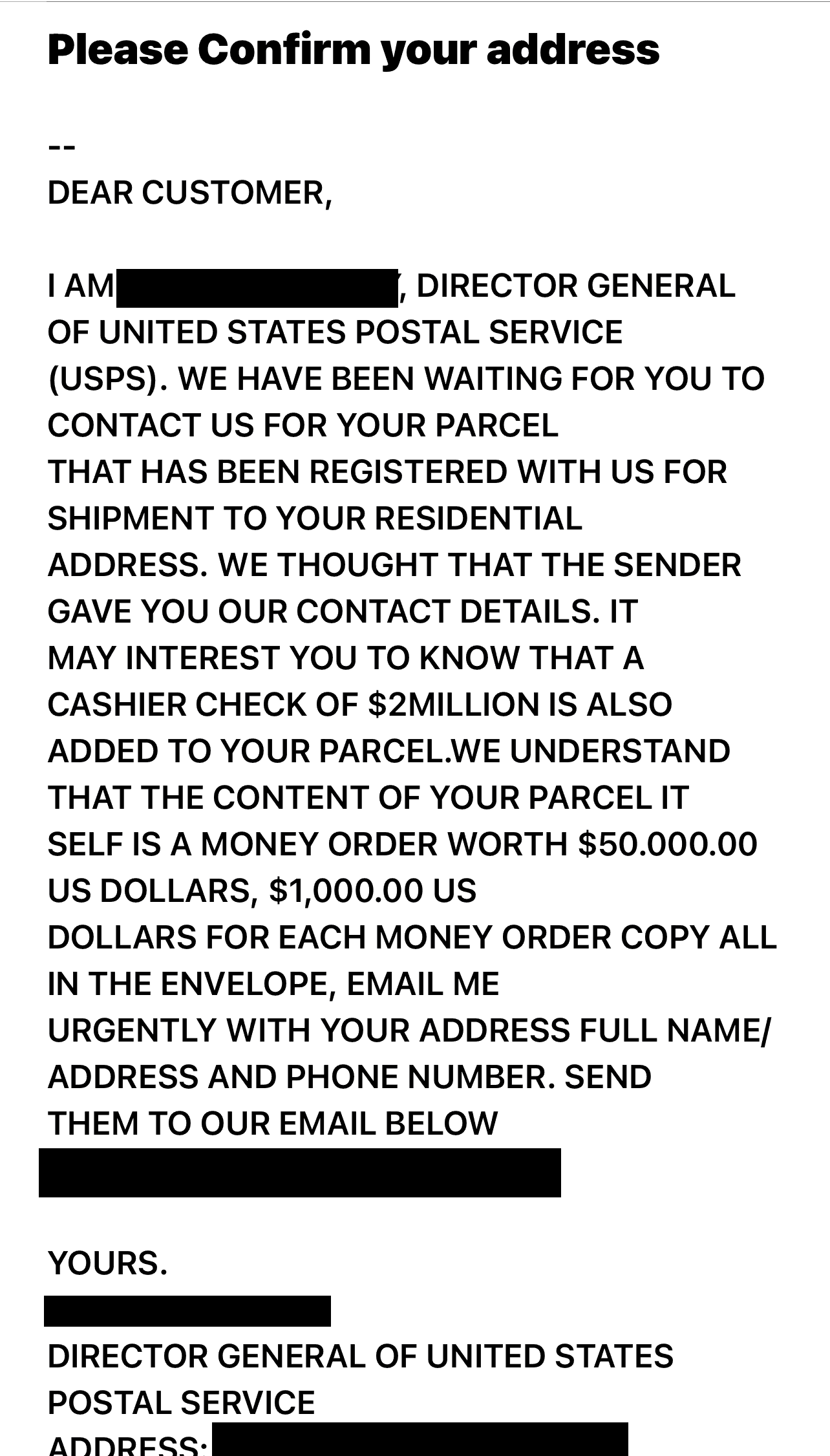 Example of a fake USPS email. Source: U.S. Postal Inspection Service fake USPS email