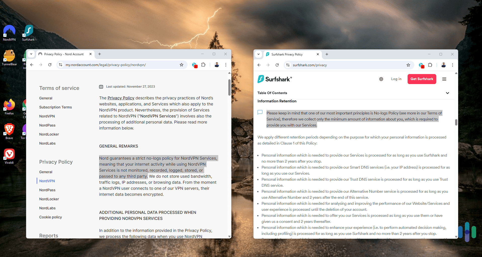 We read through the privacy policies of both VPNs to find out what they log and don’t log. We read through the privacy policies of both VPNs to find out what they log and don't log.