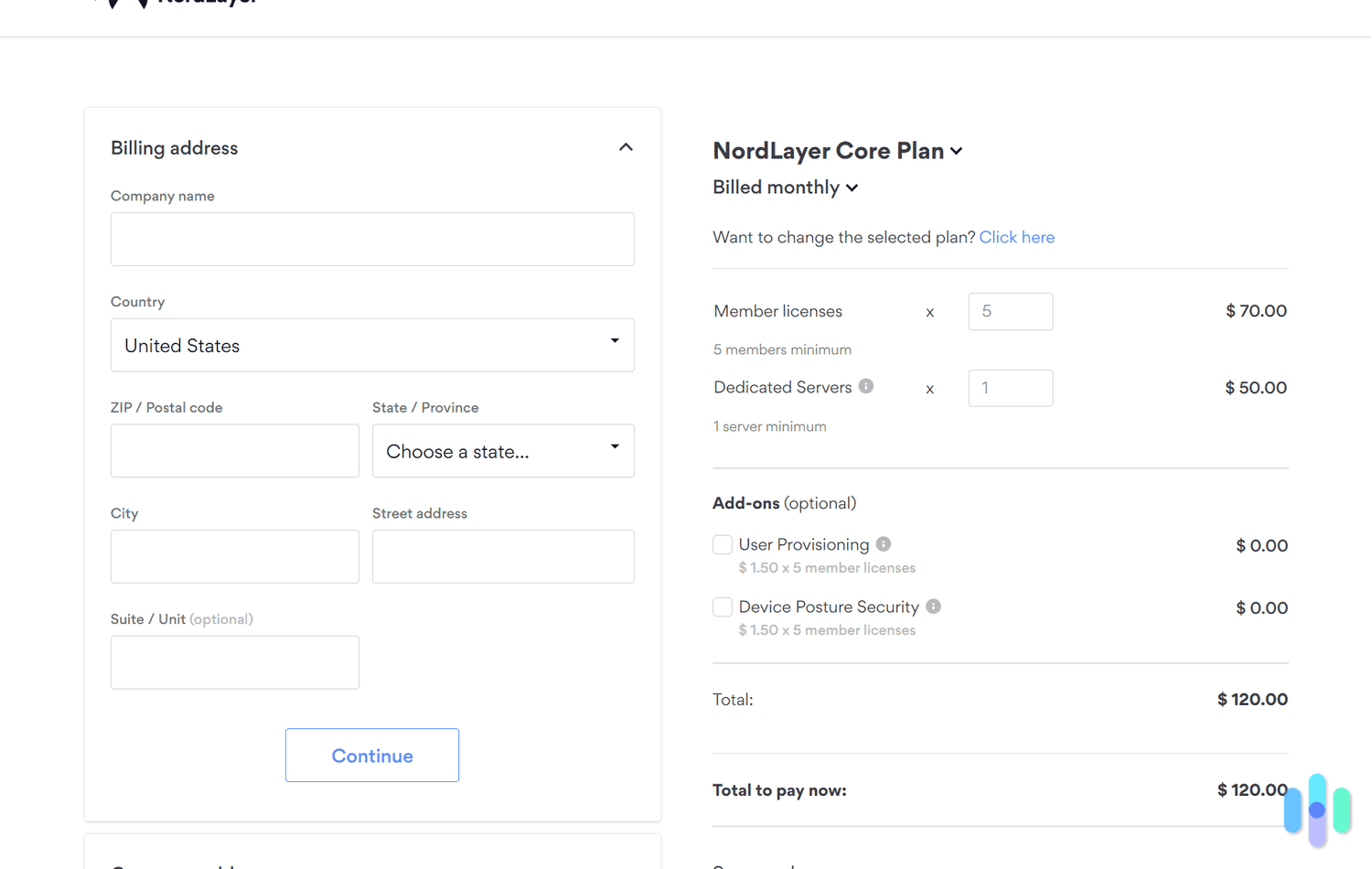 When billed monthly, the NordLayer Core Plan costs a minimum of $120 per month. When billed monthly, the NordLayer Core Plan costs a minimum of $120 per month.
