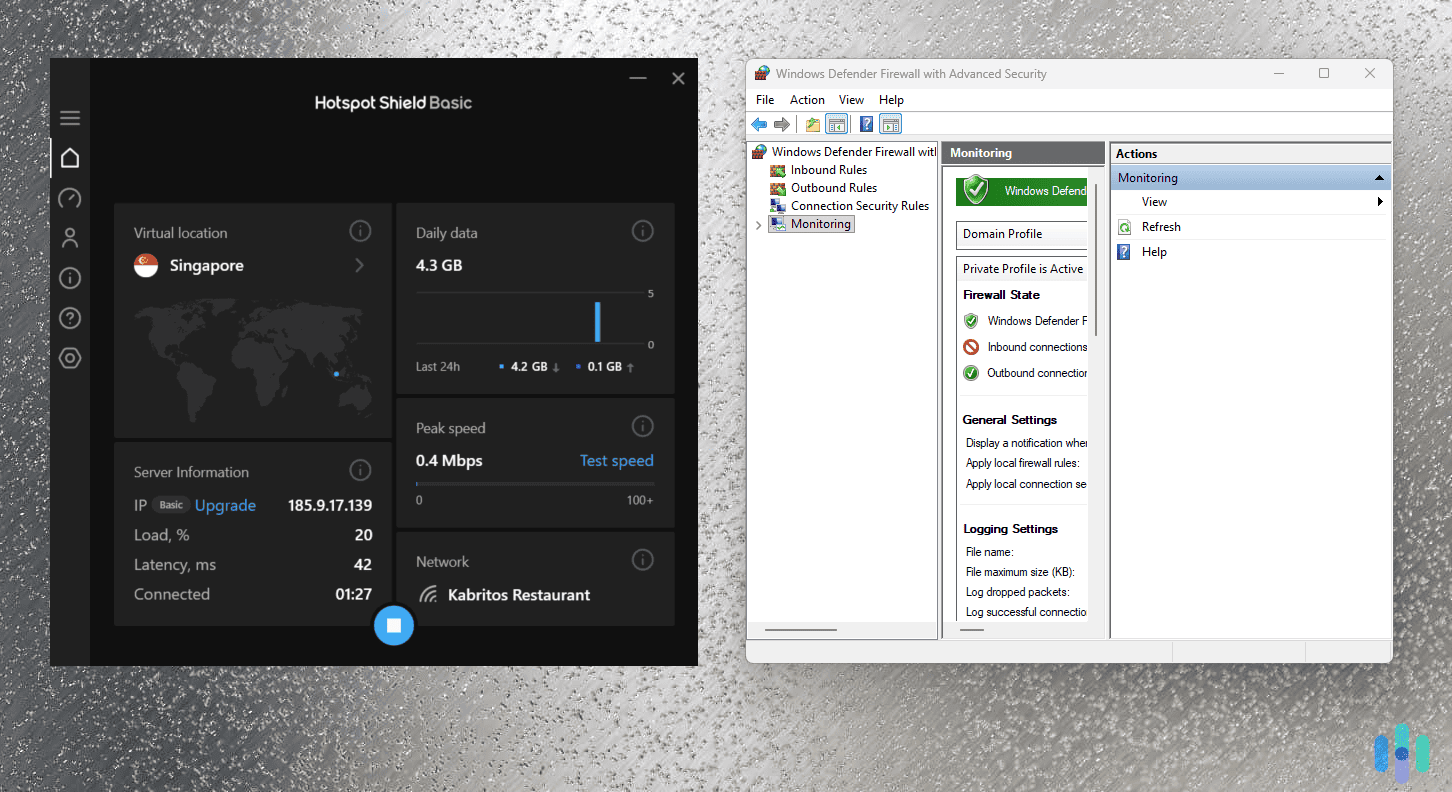 Windows Defender Firewall running side-by-side with Hotspot Shield Windows Defender Firewall running side-by-side with Hotspot Shield