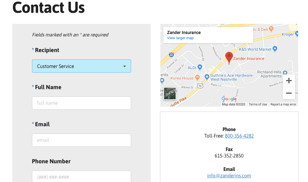 Zander Insurance Contact Us Page.
